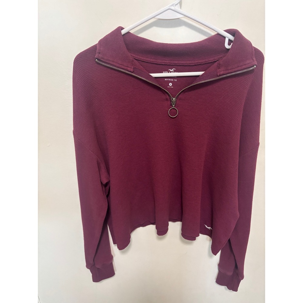 Hollister Womens Waffle Knit Quarter Zip Boyfriend Tee Burgundy Long Sleeve M
